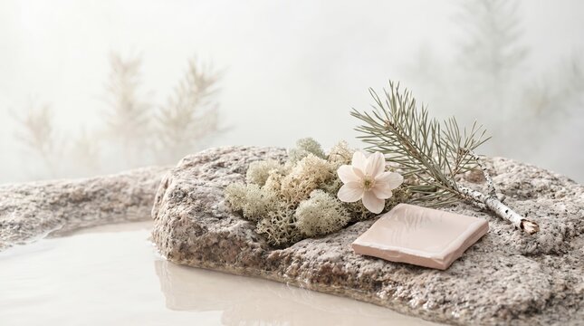 Botanical arrangement and ceramic tile resting on textured rock