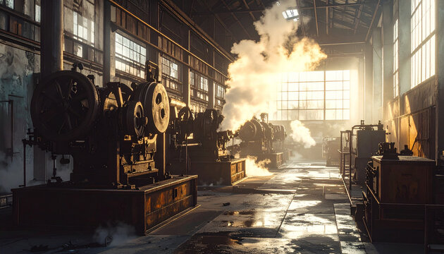 Old industrial factory with steam and machinery