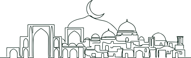 Islamic city skyline with crescent moon and mosque domes, featuring traditional architecture and religious symbols in a historical setting. © Sadhin