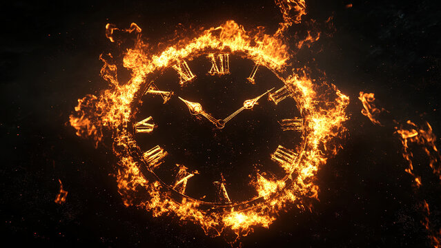 fire burning clock time on dark cloudy sky background