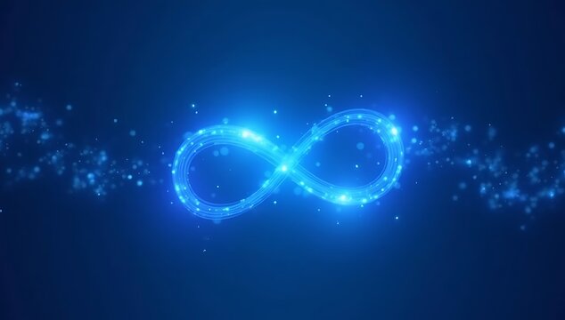 Abstract Glowing Infinity Symbol on Dark Blue Background.