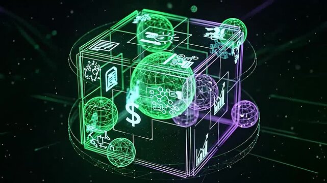 Glowing wireframe cube with business icons representing global data flow.