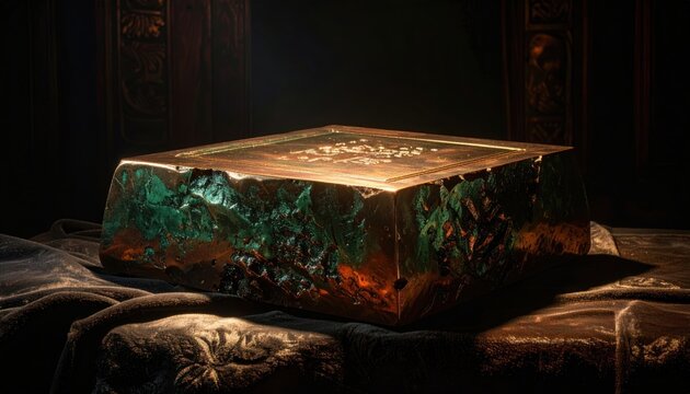 Unrefined copper ingot showcasing rich, variegated patina, its textured surface illuminated against a dark, moody setting.