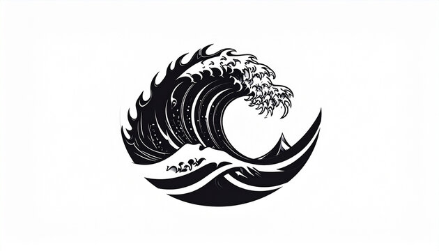 Stylized Japanese wave in black and white graphic art
