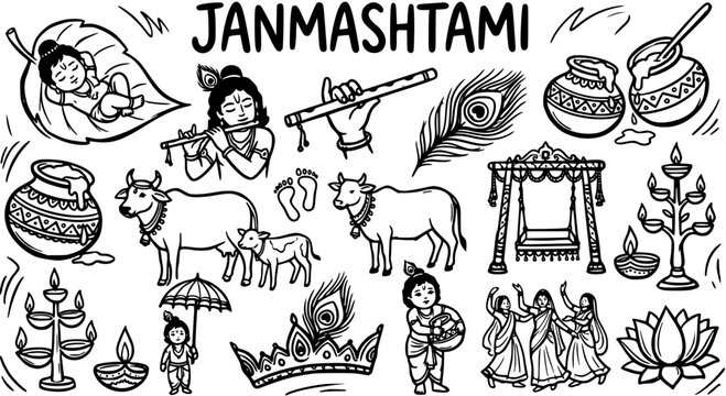 Hindu Festival Janmashtami Black  White Line Art Illustration Set with Lord Krishna, Cultural Symbols, and Celebration Elements
