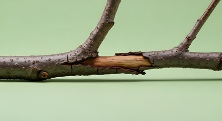 Fototapeta premium Broken branch on green background closeup.