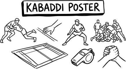 Fototapeta premium Black and White Line Art Kabaddi Sports Poster Elements Vector Illustration featuring Players, Court, Whistle, and Handshake