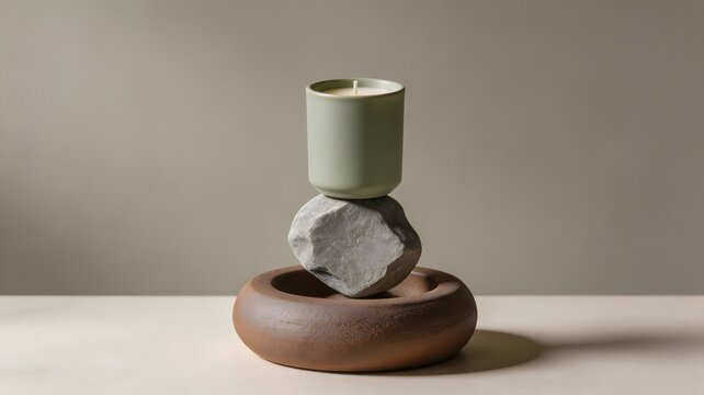 Balanced modern still life with ceramic ring stone and candle