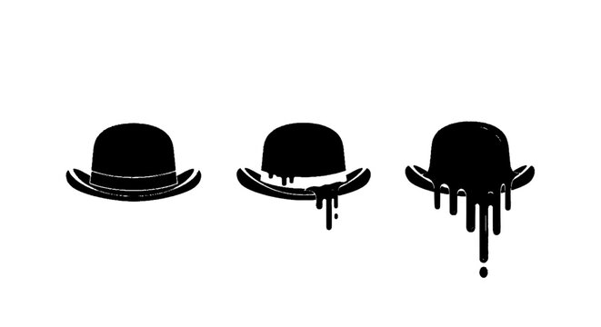 Minimal black silhouette icon, simple flat vector, bold black shape, no, no shading set of three bowler hats with different melting effects on a, flat icon style