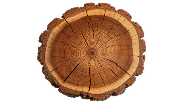 Cross section of a tree trunk with visible growth rings and bark
