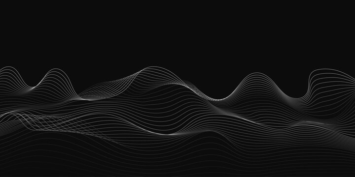 Dark abstract background with flowing white wavy lines forming digital waves for modern technology visuals vector graphic illustration pattern design elements for creative project web backdrop.