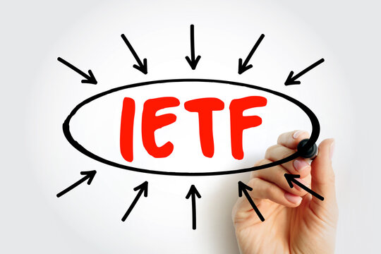 IETF Internet Engineering Task Force acronym hand drawn with marker inside oval and arrows pointing to it on background. Open standards organization for internet protocol development