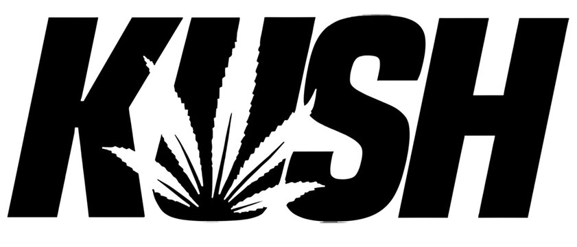 Minimalist KUSH typography text with integrated cannabis leaf, clean black and white vector logo design.