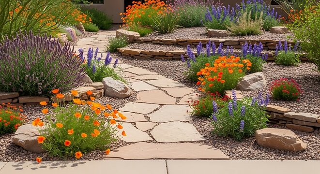A beautiful arizona front yard featuring a winding flagstone path surrounded by vibrant orange poppies, purple lupines, and drought-tolerant xeriscape garden design.