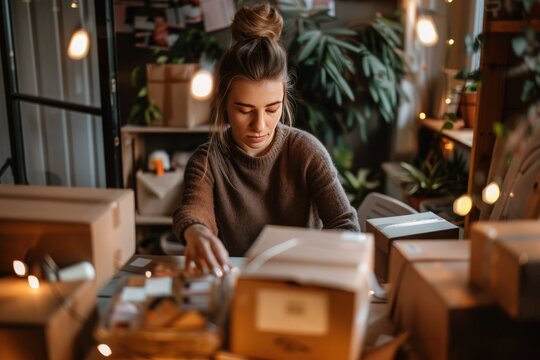 Woman packing handmade products into eco-friendly gift boxes decorated with twine