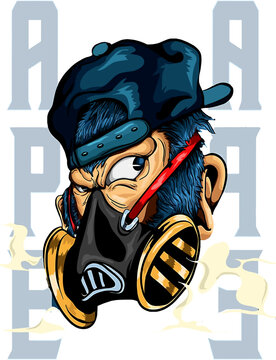 Urban boy character wearing a gas mask and a backward baseball cap, streetwear vector illustration for apparel design