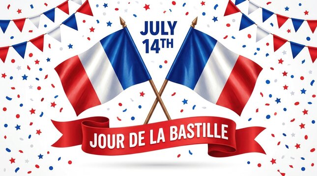 Bastille day celebration with french flags and red white blue bunting