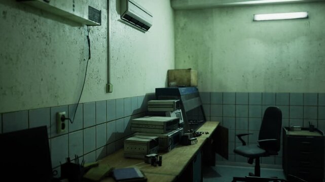 Empty operations center left in haste with rows of workstations and scattered forms, unplugged equipment and dusty monitors, overhead panels with exposed