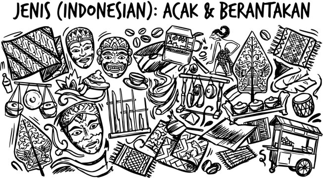 Indonesian Culture Doodle: Random  Messy Black and White Line Art Sketch of Traditional Objects like Masks, Batik, Wayang, Gamelan Instruments, and Street Food Carts.