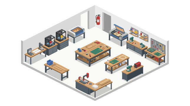 Modern Workshop with 3D Printers, Laser Cutter, and Tools