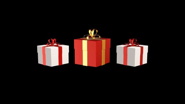 3D Gift Box red and white box with gold ribbon alpha channel loop animation, birthday and new year holiday presents isolated social media motion design element