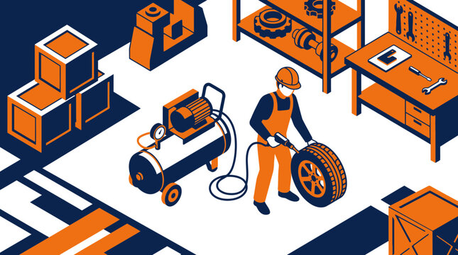 Mechanic inflating tire with air compressor in workshop, isometric view