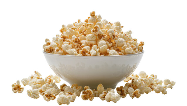 Bowl overflowing with popcorn and scattered kernels