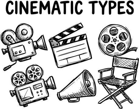 Hand-Drawn Black and White Line Art Sketch of Cinematic Types, Film Production Equipment Icons, and Movie Industry Symbols Collection