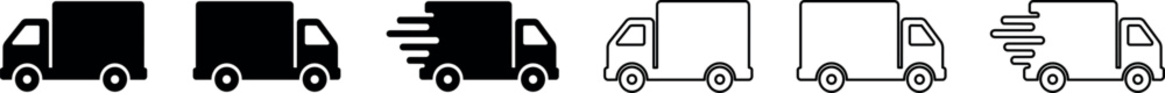 A set of delivery truck icons in black and white outline vector style, suitable for logistics and transportation projects