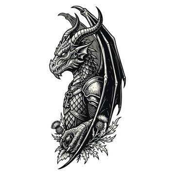 Highly detailed medieval dragon profile vector illustration featuring armor, scales, and dark fantasy elements.
