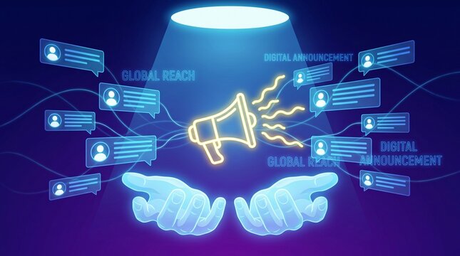 Digital communication concept featuring a glowing neon megaphone held by two hands with social media messaging notifications floating around as a symbol of public