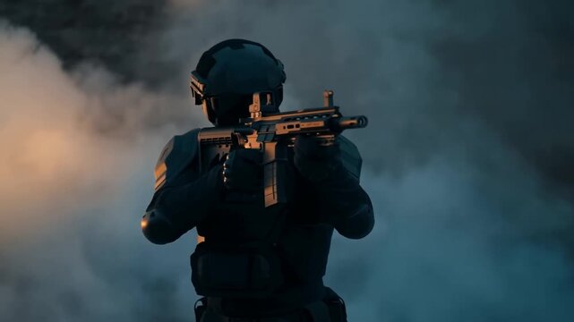 Tracking slow pushin shot of soldier aiming rifle through thick smoke on battlefield at dusk