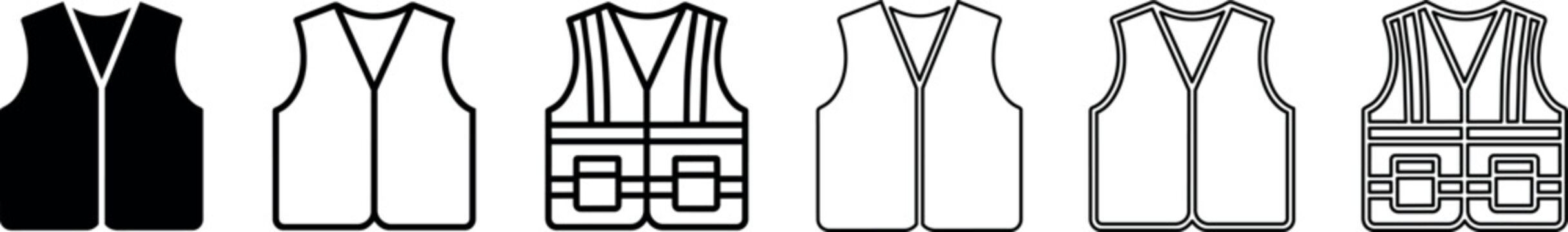 A collection of stylish vests in various designs and styles, featuring black, white, and outline versions in minimalist vector style, ideal for fashion-related projects