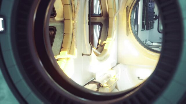 Space station circular frame focused on mechanical systems and conduit layout bright internal lighting exposes texture of seals, brackets, and service fittings