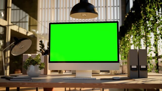 Computer Green Screen Modern Office Workspace with and Evening Sunlight - Camera Orbit