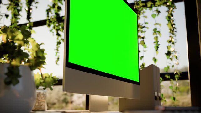 Computer Green Screen Modern Office Workspace with and Evening Sunlight - Bottom Edge View