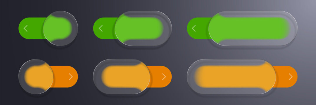 Realistic modern liquid glass morphism slider or switch ui button set. Three types of green and orange color glass toggles for web and mobile application