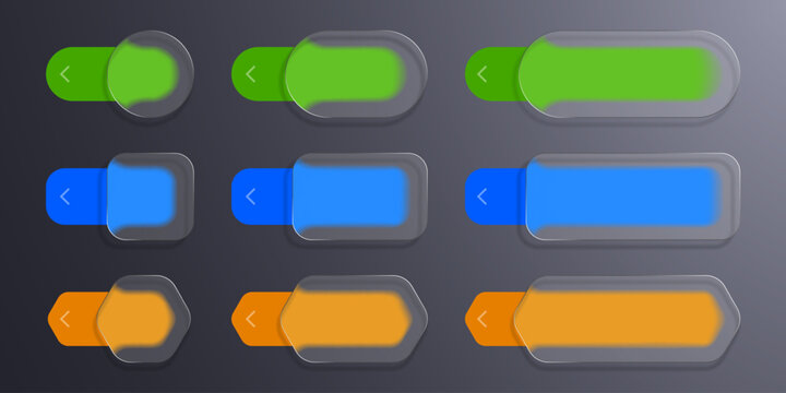 Realistic modern liquid glass morphism slider or switch ui button set. Three different style glass toggles for web and mobile applications.