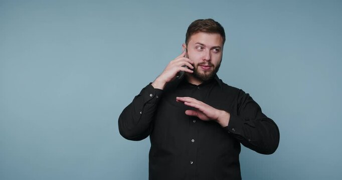 Man talks on phone and gestures in four frames showing different expressions and movements in a simple setting