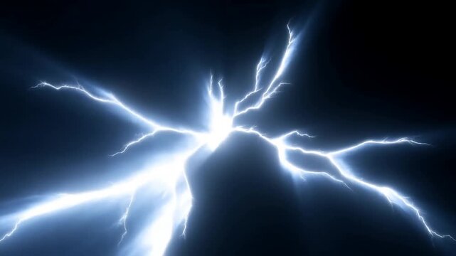 Slow motion static shot of lightning arc expanding and branching outward with electrical discharge and radiant blue white bolts against black void background in studio