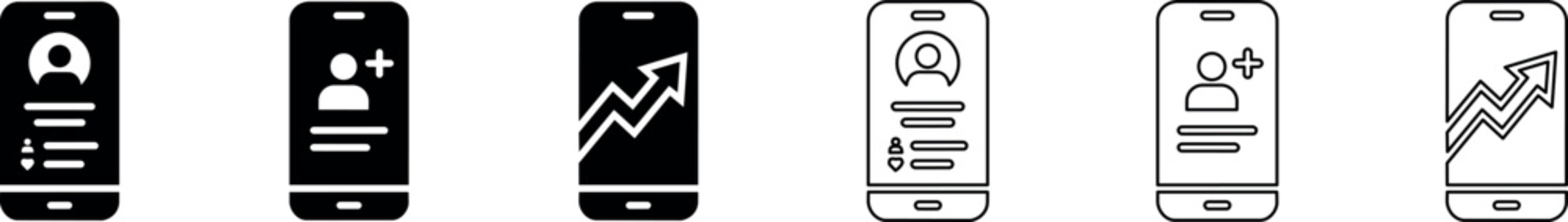 A set of mobile phone icons featuring user profiles and growth charts in black and white minimalist vector style, ideal for app development and analytics design