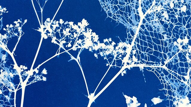 Cyanotype White Branch Floral Lace Blue Abstract Background