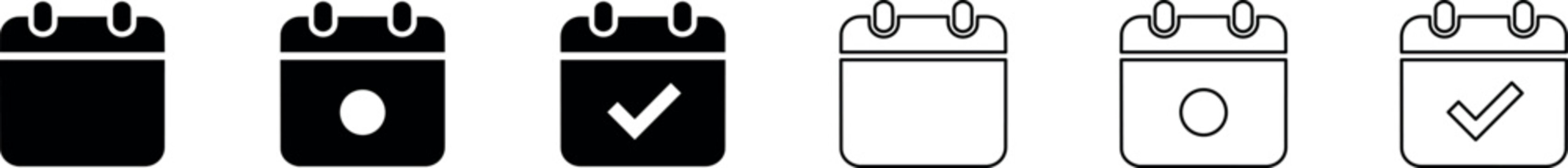 A collection of calendar icons featuring different states like selected, unselected, and confirmed in black and white flat vector style, suitable for app design and user interfaces