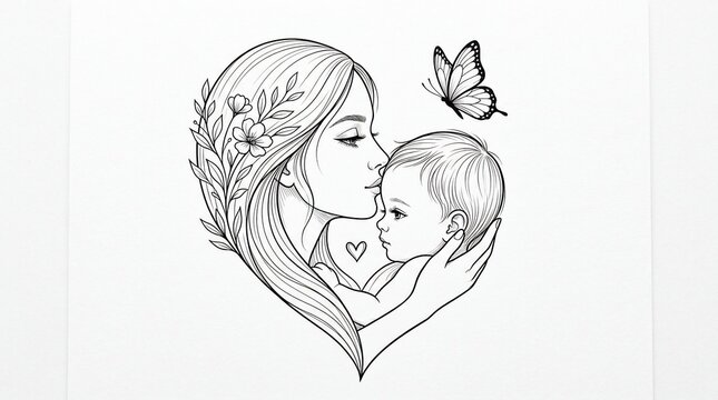 Mother holding baby in heart shaped line art illustration