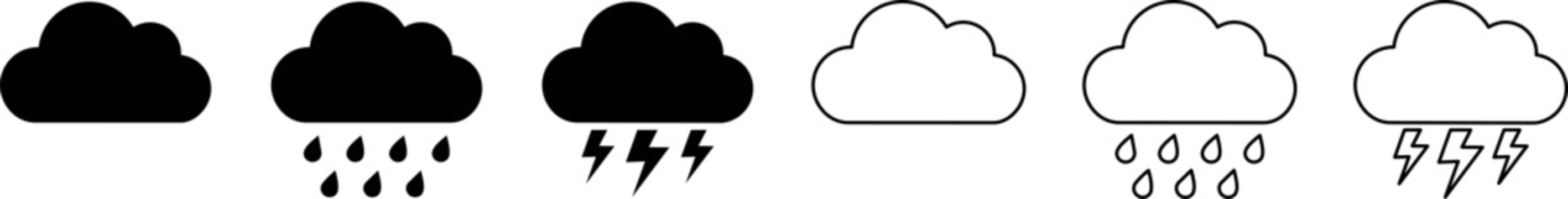 A collection of weather icons featuring different types of clouds, rain, and lightning in minimalist black and white vector style, suitable for weather apps and designs