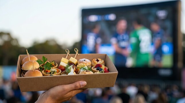A hand holding a cardboard box of gourmet finger food at an outdoor movie event.