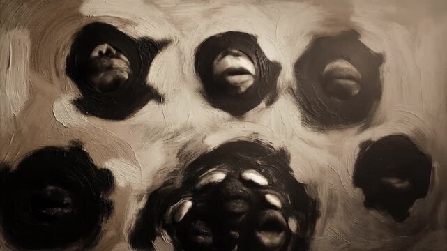 Eerie abstract faces emerging from darkness in a dreamlike sequence