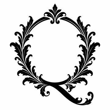 Artistic monogram letter Q with bold leaf flourishes.
