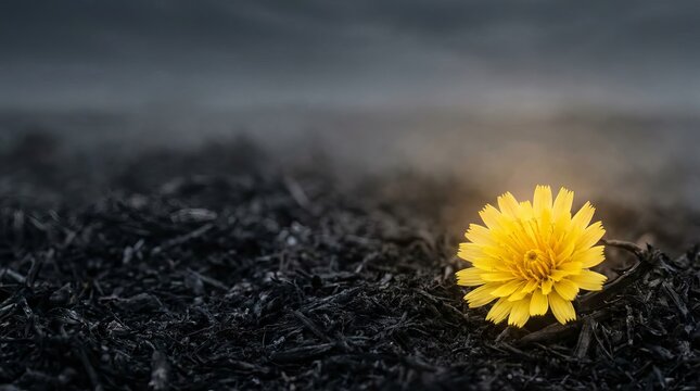A single vibrant yellow dandelion flower blooming amidst a field of dark burnt soil.