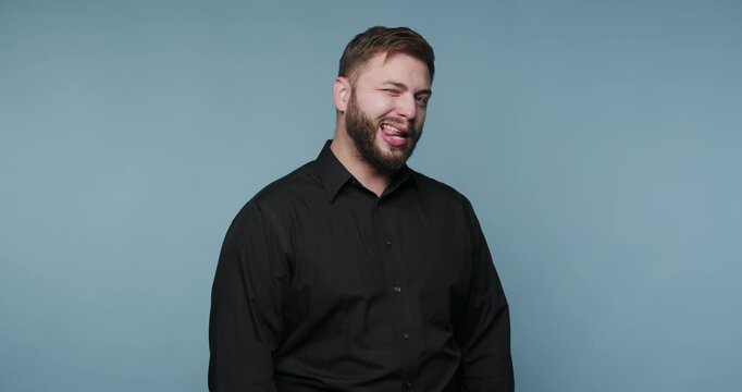 Man talks and shows different expressions in a series of four clips on a plain background